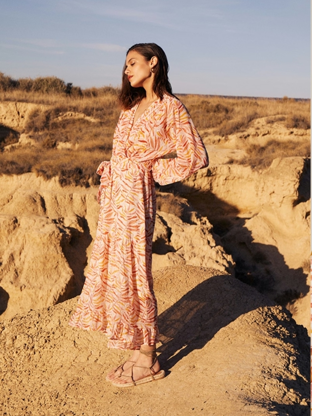 Grace&Mila Printed Countryside Chic Fawn Boho Maxi Dress Green Blue Leaf Print